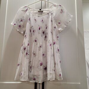 Banana Republic Floral Top White Purple Pleated Flowy Women Blouse Shirt XS-S